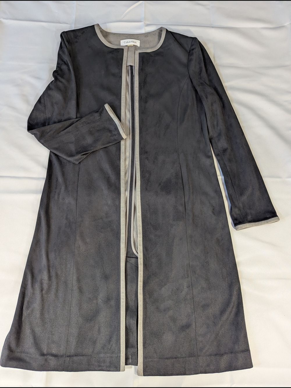 Calvin Klein Black Long Open-Front Trench Coat with Light Gray Trim - Size Small